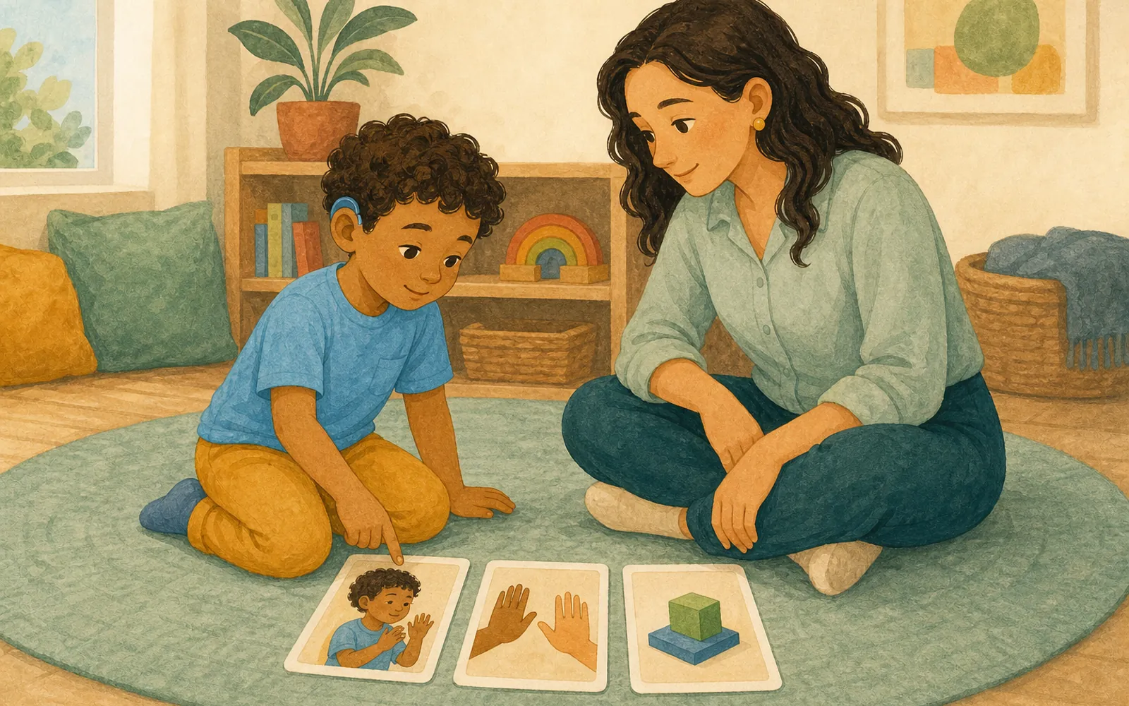 Child and grown-up sitting together and looking at three picture cards.