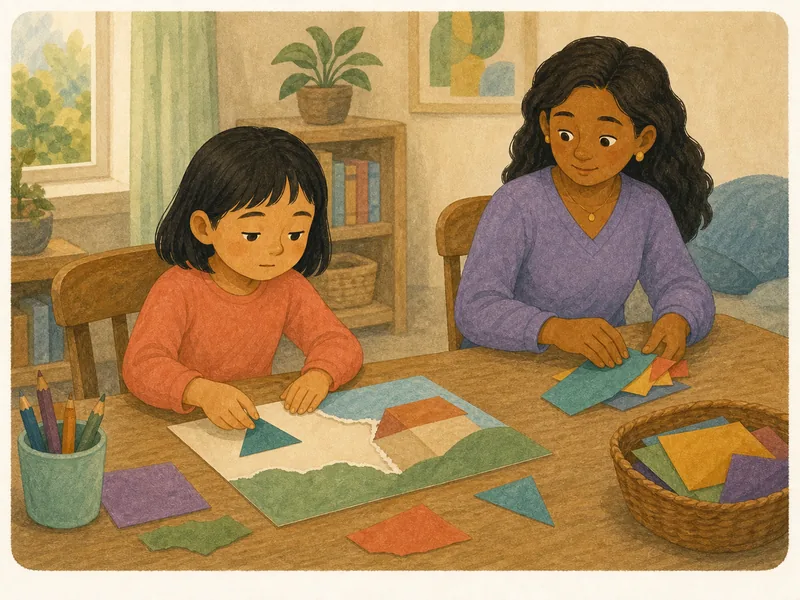 Child continues an ordinary craft activity while a grown-up stays nearby.
