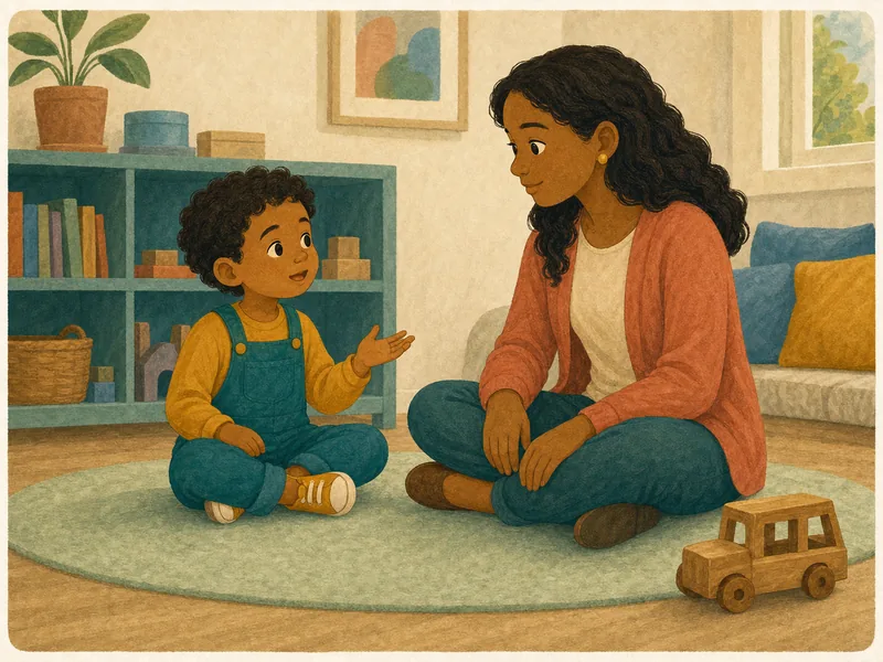 Child speaks while a grown-up sits nearby and listens.