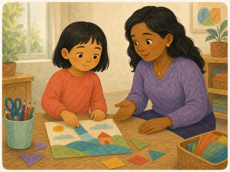 Grown-up notices a child's effort during a paper activity.