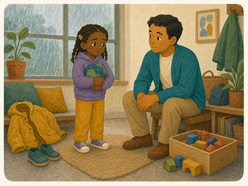 Child and grown-up talk beside a rainy window and indoor toys.