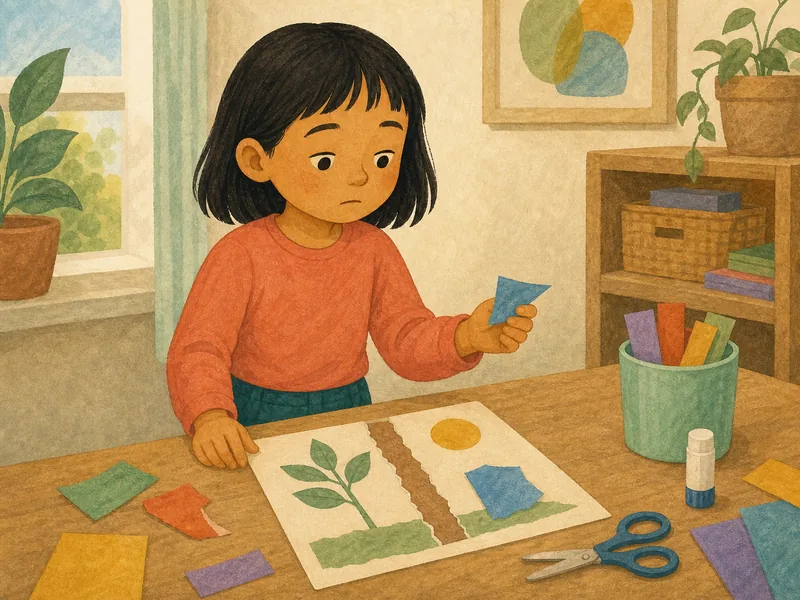 Child notices a torn piece in a paper collage.