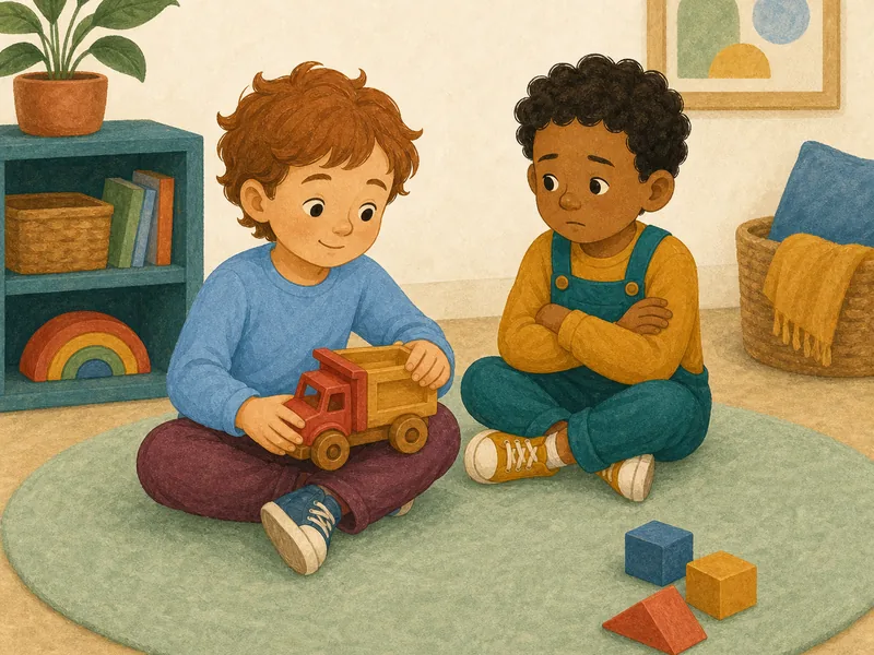 Two children sit near a toy while one waits for a turn.
